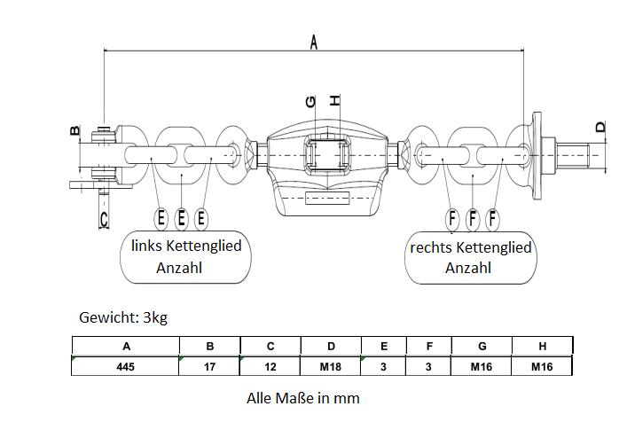 M16 Spannschloss Unterlenker Spannkette, Länge: 445 mm